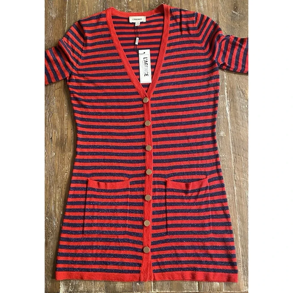 NWT L'AGENCE Cardigan Womens XS Holland Shimmer Red Navy Stripes - Picture 4 of 10